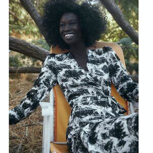 Reformation Merrick Silk Maxi Wrap Dress in Black & White Elysian Print